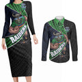 Canberra Raiders Rugby Couples Matching Long Sleeve Bodycon Dress and Long Sleeve Button Shirt Tribal Polynesian Power Art - Lightning Mascot