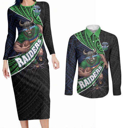 Canberra Raiders Rugby Couples Matching Long Sleeve Bodycon Dress and Long Sleeve Button Shirt Tribal Polynesian Power Art - Lightning Mascot