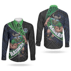 Canberra Raiders Rugby Couples Matching Long Sleeve Bodycon Dress and Long Sleeve Button Shirt Tribal Polynesian Power Art - Lightning Mascot