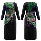 Canberra Raiders Rugby Couples Matching Long Sleeve Bodycon Dress and Long Sleeve Button Shirt Tribal Polynesian Power Art - Lightning Mascot
