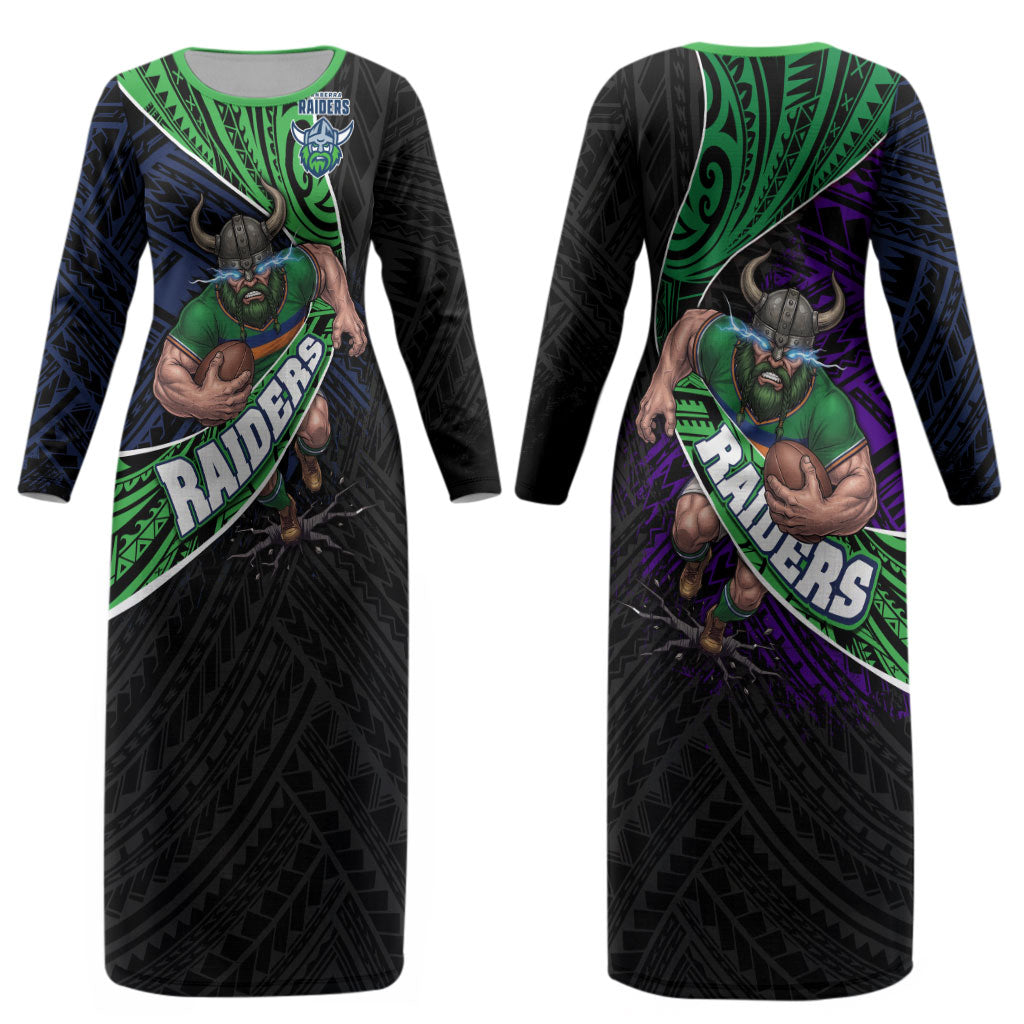 Canberra Raiders Rugby Couples Matching Long Sleeve Bodycon Dress and Long Sleeve Button Shirt Tribal Polynesian Power Art - Lightning Mascot