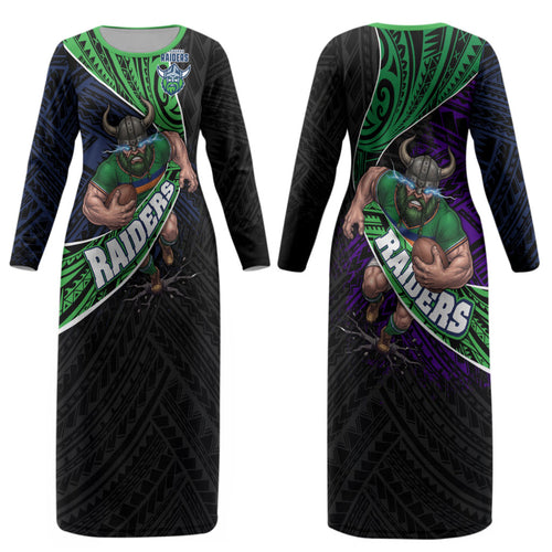 Canberra Raiders Rugby Couples Matching Long Sleeve Bodycon Dress and Long Sleeve Button Shirt Tribal Polynesian Power Art - Lightning Mascot