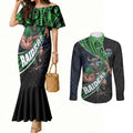 Canberra Raiders Rugby Couples Matching Mermaid Dress and Long Sleeve Button Shirt Tribal Polynesian Power Art - Lightning Mascot