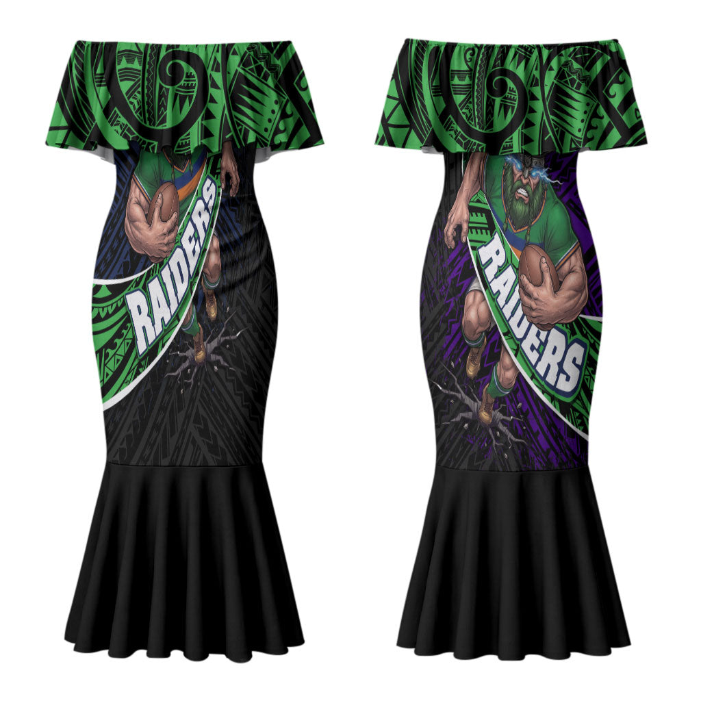 Canberra Raiders Rugby Couples Matching Mermaid Dress and Long Sleeve Button Shirt Tribal Polynesian Power Art - Lightning Mascot