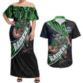 Canberra Raiders Rugby Couples Matching Off Shoulder Maxi Dress and Hawaiian Shirt Tribal Polynesian Power Art - Lightning Mascot