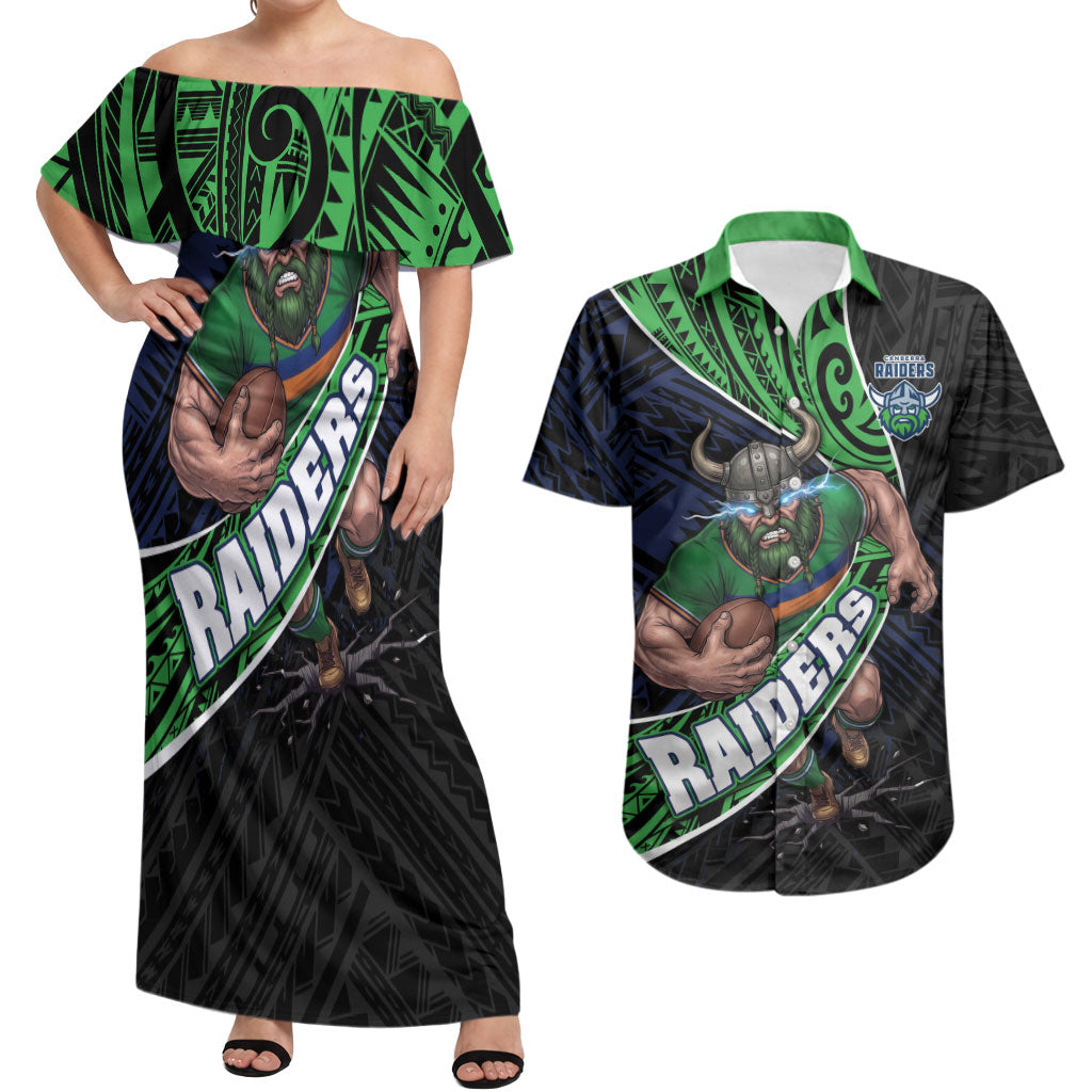 Canberra Raiders Rugby Couples Matching Off Shoulder Maxi Dress and Hawaiian Shirt Tribal Polynesian Power Art - Lightning Mascot