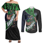 Canberra Raiders Rugby Couples Matching Off Shoulder Maxi Dress and Long Sleeve Button Shirt Tribal Polynesian Power Art - Lightning Mascot