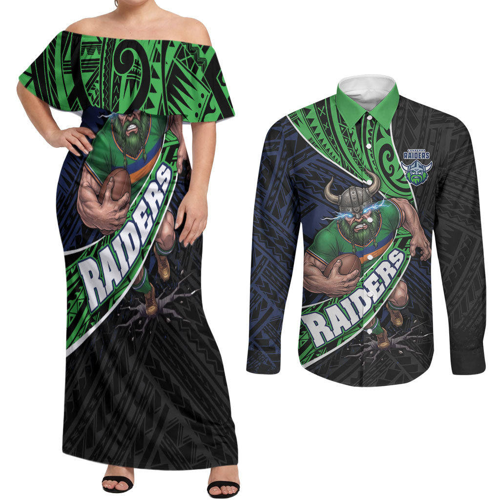 Canberra Raiders Rugby Couples Matching Off Shoulder Maxi Dress and Long Sleeve Button Shirt Tribal Polynesian Power Art - Lightning Mascot
