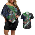 Canberra Raiders Rugby Couples Matching Off Shoulder Short Dress and Hawaiian Shirt Tribal Polynesian Power Art - Lightning Mascot