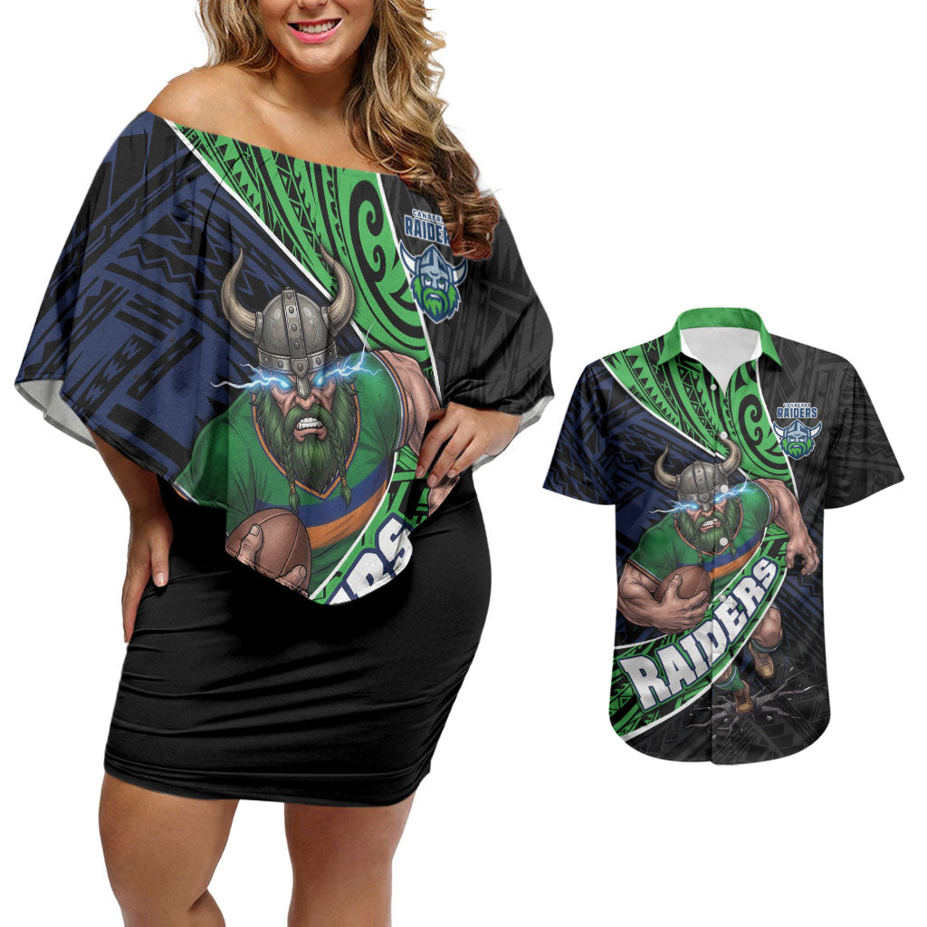 Canberra Raiders Rugby Couples Matching Off Shoulder Short Dress and Hawaiian Shirt Tribal Polynesian Power Art - Lightning Mascot