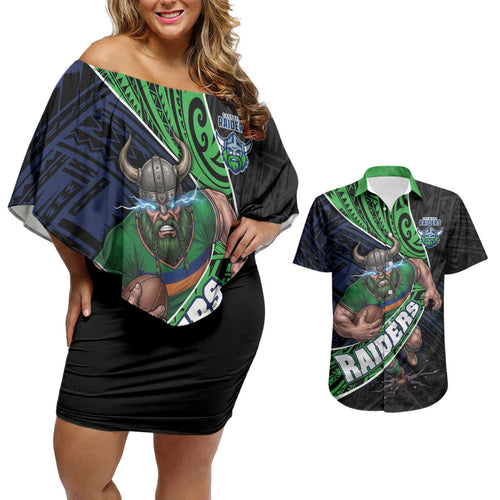 Canberra Raiders Rugby Couples Matching Off Shoulder Short Dress and Hawaiian Shirt Tribal Polynesian Power Art - Lightning Mascot