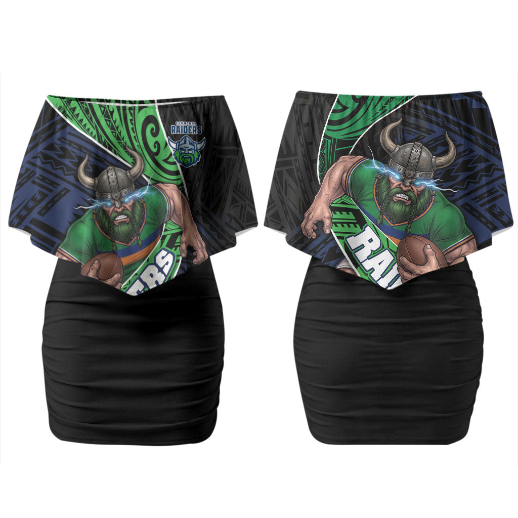 Canberra Raiders Rugby Couples Matching Off Shoulder Short Dress and Hawaiian Shirt Tribal Polynesian Power Art - Lightning Mascot