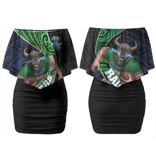 Canberra Raiders Rugby Couples Matching Off Shoulder Short Dress and Hawaiian Shirt Tribal Polynesian Power Art - Lightning Mascot