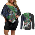 Canberra Raiders Rugby Couples Matching Off Shoulder Short Dress and Long Sleeve Button Shirt Tribal Polynesian Power Art - Lightning Mascot
