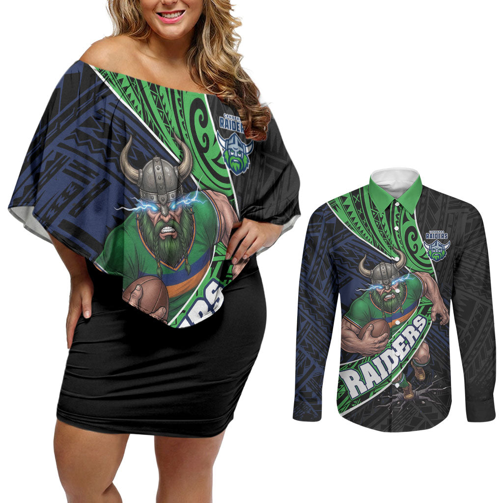 Canberra Raiders Rugby Couples Matching Off Shoulder Short Dress and Long Sleeve Button Shirt Tribal Polynesian Power Art - Lightning Mascot