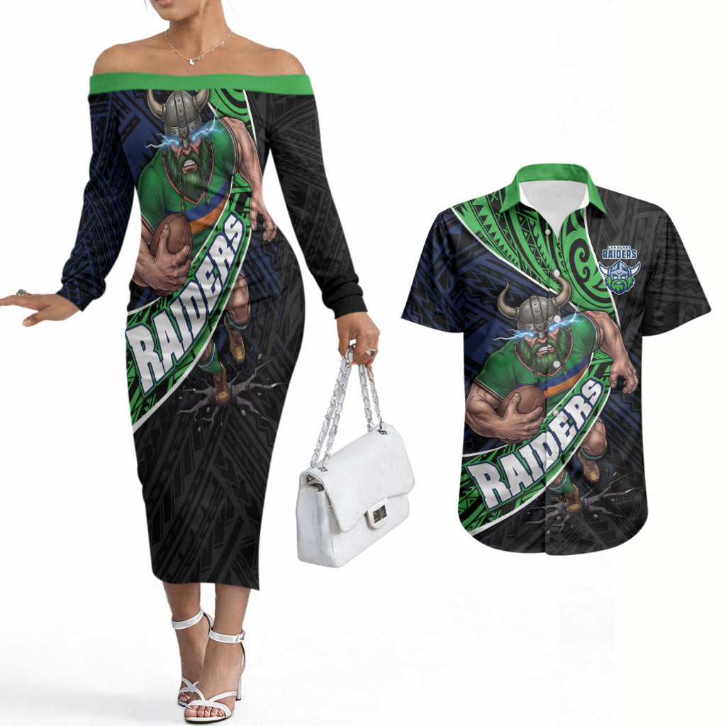 Canberra Raiders Rugby Couples Matching Off The Shoulder Long Sleeve Dress and Hawaiian Shirt Tribal Polynesian Power Art - Lightning Mascot