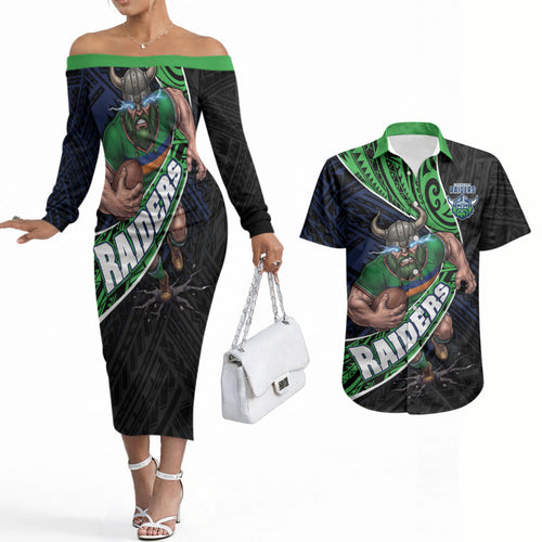 Canberra Raiders Rugby Couples Matching Off The Shoulder Long Sleeve Dress and Hawaiian Shirt Tribal Polynesian Power Art - Lightning Mascot