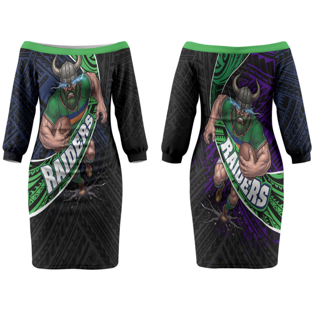 Canberra Raiders Rugby Couples Matching Off The Shoulder Long Sleeve Dress and Hawaiian Shirt Tribal Polynesian Power Art - Lightning Mascot