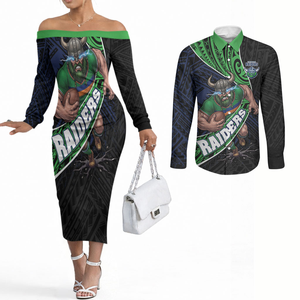 Canberra Raiders Rugby Couples Matching Off The Shoulder Long Sleeve Dress and Long Sleeve Button Shirt Tribal Polynesian Power Art - Lightning Mascot