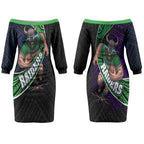 Canberra Raiders Rugby Couples Matching Off The Shoulder Long Sleeve Dress and Long Sleeve Button Shirt Tribal Polynesian Power Art - Lightning Mascot