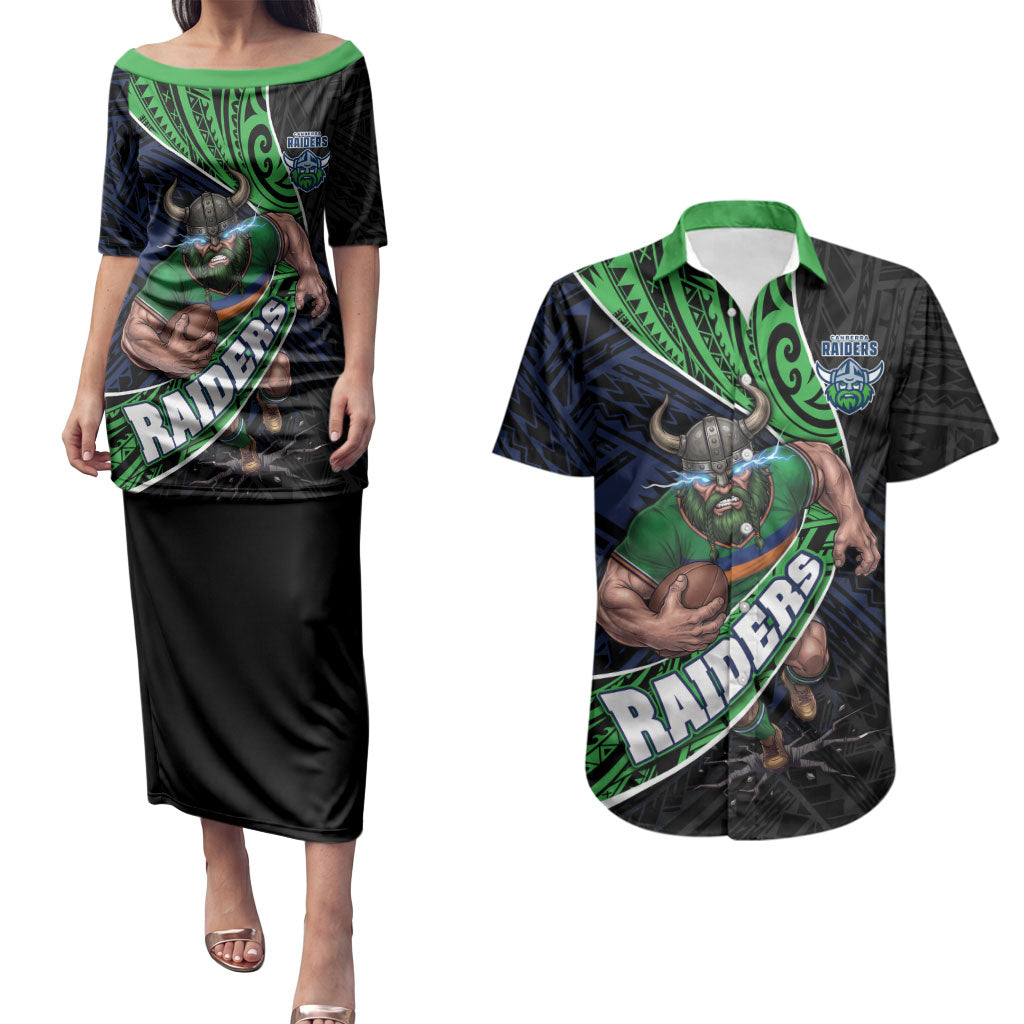 Canberra Raiders Rugby Couples Matching Puletasi and Hawaiian Shirt Tribal Polynesian Power Art - Lightning Mascot