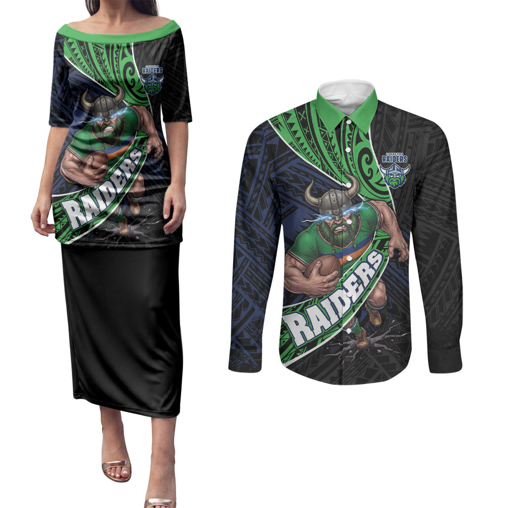 Canberra Raiders Rugby Couples Matching Puletasi and Long Sleeve Button Shirt Tribal Polynesian Power Art - Lightning Mascot