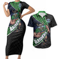 Canberra Raiders Rugby Couples Matching Short Sleeve Bodycon Dress and Hawaiian Shirt Tribal Polynesian Power Art - Lightning Mascot