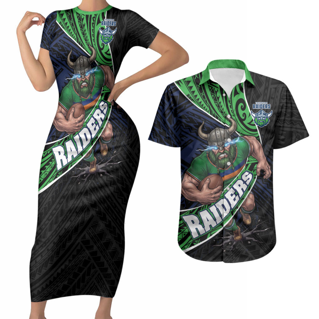 Canberra Raiders Rugby Couples Matching Short Sleeve Bodycon Dress and Hawaiian Shirt Tribal Polynesian Power Art - Lightning Mascot
