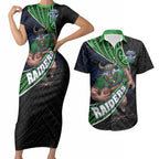 Canberra Raiders Rugby Couples Matching Short Sleeve Bodycon Dress and Hawaiian Shirt Tribal Polynesian Power Art - Lightning Mascot