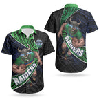 Canberra Raiders Rugby Couples Matching Short Sleeve Bodycon Dress and Hawaiian Shirt Tribal Polynesian Power Art - Lightning Mascot