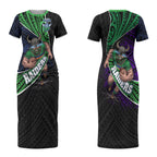 Canberra Raiders Rugby Couples Matching Short Sleeve Bodycon Dress and Hawaiian Shirt Tribal Polynesian Power Art - Lightning Mascot