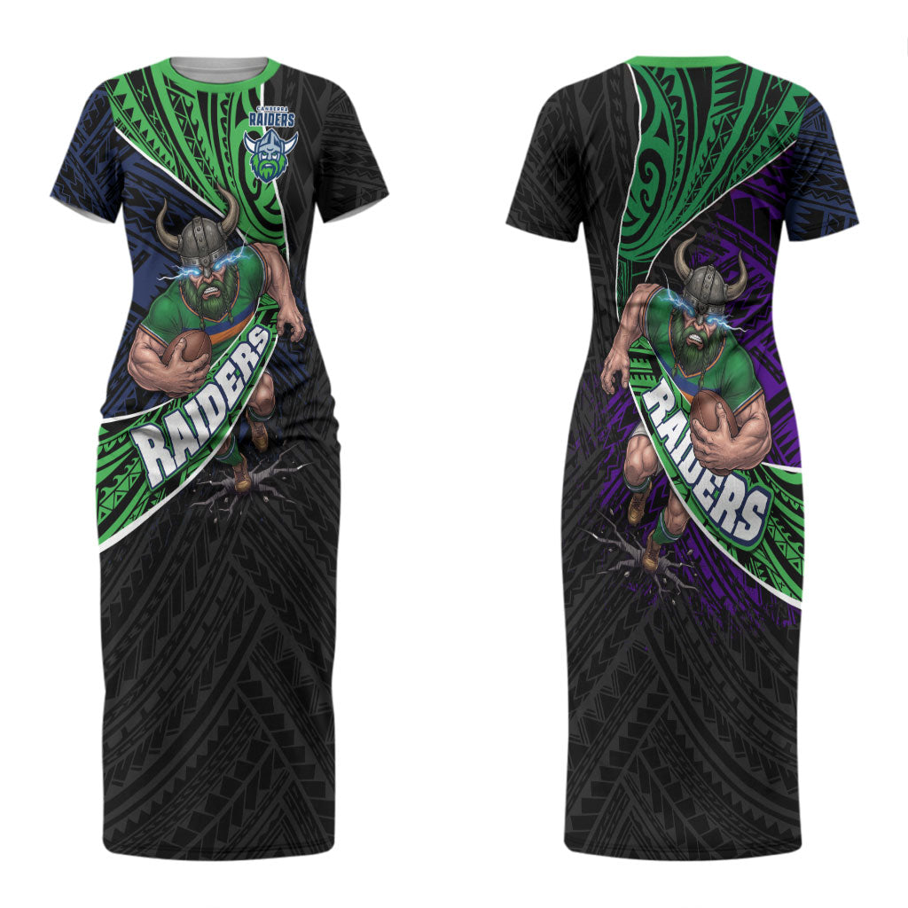 Canberra Raiders Rugby Couples Matching Short Sleeve Bodycon Dress and Hawaiian Shirt Tribal Polynesian Power Art - Lightning Mascot
