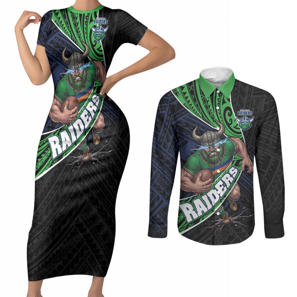 Canberra Raiders Rugby Couples Matching Short Sleeve Bodycon Dress and Long Sleeve Button Shirt Tribal Polynesian Power Art - Lightning Mascot