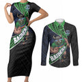Canberra Raiders Rugby Couples Matching Short Sleeve Bodycon Dress and Long Sleeve Button Shirt Tribal Polynesian Power Art - Lightning Mascot