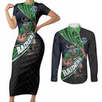 Canberra Raiders Rugby Couples Matching Short Sleeve Bodycon Dress and Long Sleeve Button Shirt Tribal Polynesian Power Art - Lightning Mascot