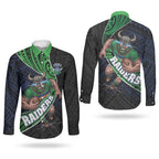 Canberra Raiders Rugby Couples Matching Short Sleeve Bodycon Dress and Long Sleeve Button Shirt Tribal Polynesian Power Art - Lightning Mascot