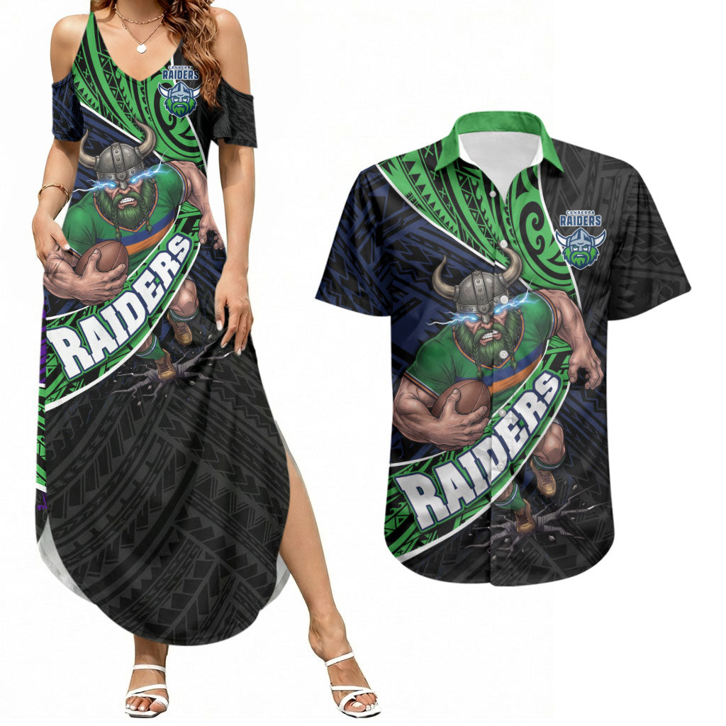 Canberra Raiders Rugby Couples Matching Summer Maxi Dress and Hawaiian Shirt Tribal Polynesian Power Art - Lightning Mascot