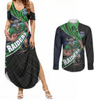 Canberra Raiders Rugby Couples Matching Summer Maxi Dress and Long Sleeve Button Shirt Tribal Polynesian Power Art - Lightning Mascot