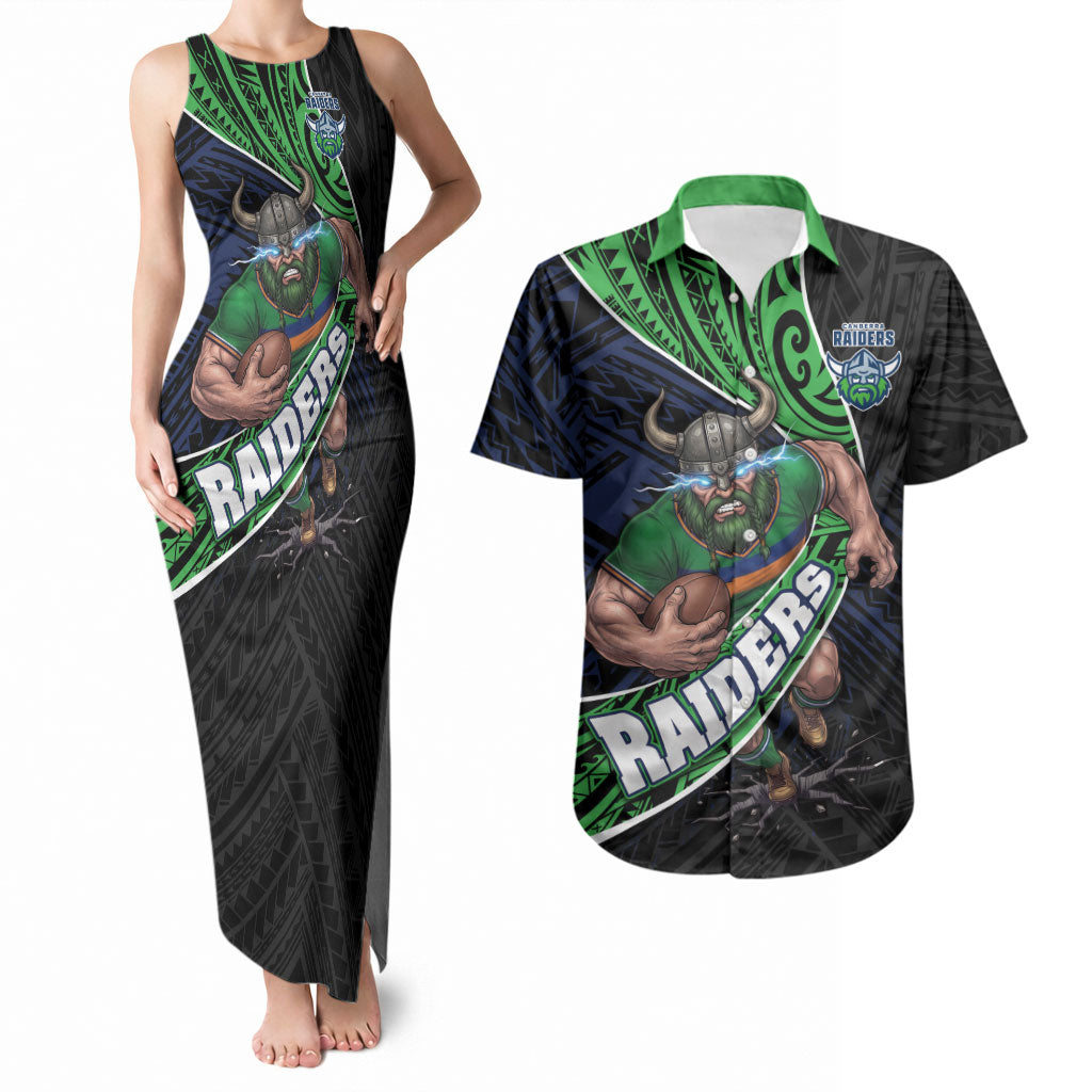 Canberra Raiders Rugby Couples Matching Tank Maxi Dress and Hawaiian Shirt Tribal Polynesian Power Art - Lightning Mascot