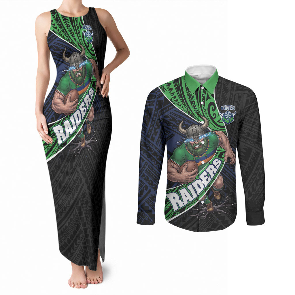 Canberra Raiders Rugby Couples Matching Tank Maxi Dress and Long Sleeve Button Shirt Tribal Polynesian Power Art - Lightning Mascot