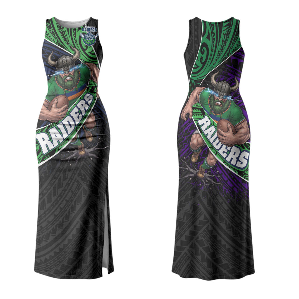 Canberra Raiders Rugby Couples Matching Tank Maxi Dress and Long Sleeve Button Shirt Tribal Polynesian Power Art - Lightning Mascot