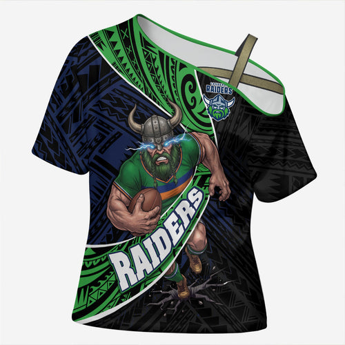 Canberra Raiders Rugby Cross Shoulder Shirt Tribal Polynesian Power Art - Lightning Mascot