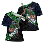 Canberra Raiders Rugby Cross Shoulder Shirt Tribal Polynesian Power Art - Lightning Mascot