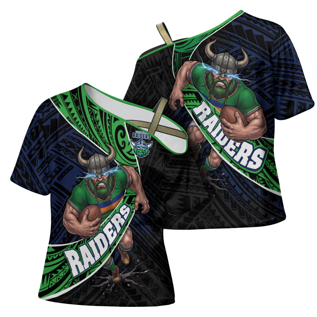 Canberra Raiders Rugby Cross Shoulder Shirt Tribal Polynesian Power Art - Lightning Mascot
