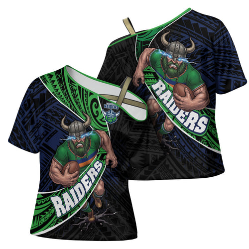 Canberra Raiders Rugby Cross Shoulder Shirt Tribal Polynesian Power Art - Lightning Mascot