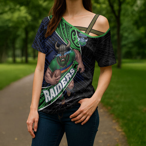 Canberra Raiders Rugby Cross Shoulder Shirt Tribal Polynesian Power Art - Lightning Mascot