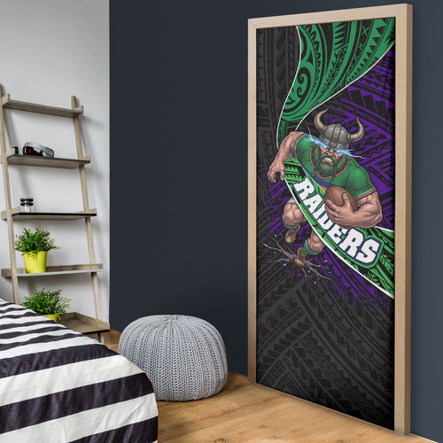 Canberra Raiders Rugby Door Cover Tribal Polynesian Power Art - Lightning Mascot