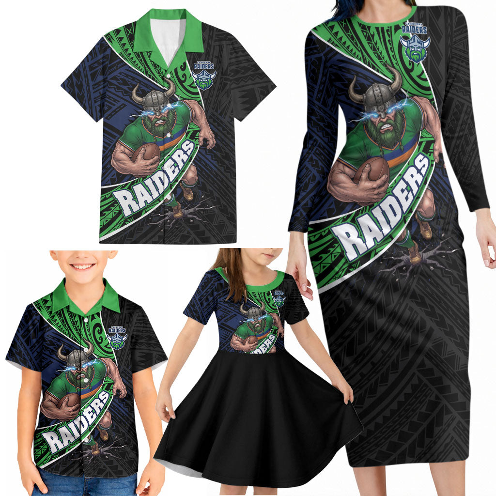 Canberra Raiders Rugby Family Matching Long Sleeve Bodycon Dress and Hawaiian Shirt Tribal Polynesian Power Art - Lightning Mascot