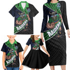 Canberra Raiders Rugby Family Matching Long Sleeve Bodycon Dress and Hawaiian Shirt Tribal Polynesian Power Art - Lightning Mascot