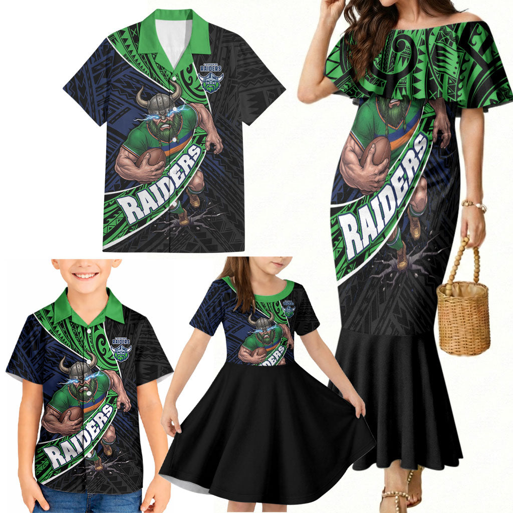 Canberra Raiders Rugby Family Matching Mermaid Dress and Hawaiian Shirt Tribal Polynesian Power Art - Lightning Mascot